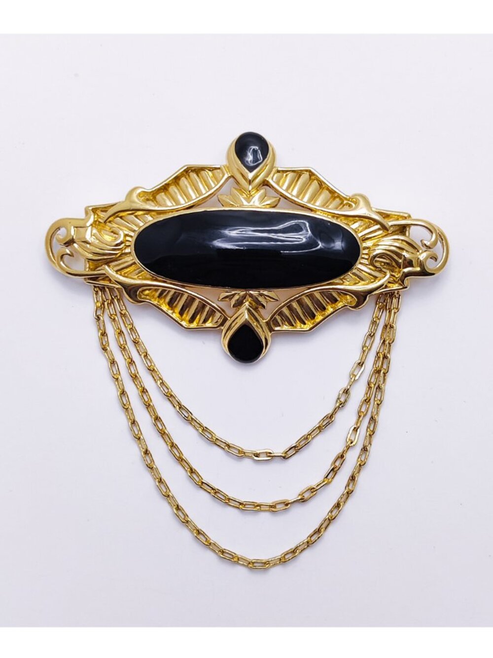 Vintage Signed 1970-80s Crown Trifari Goth Victorian Gold Black Brooch w Chains